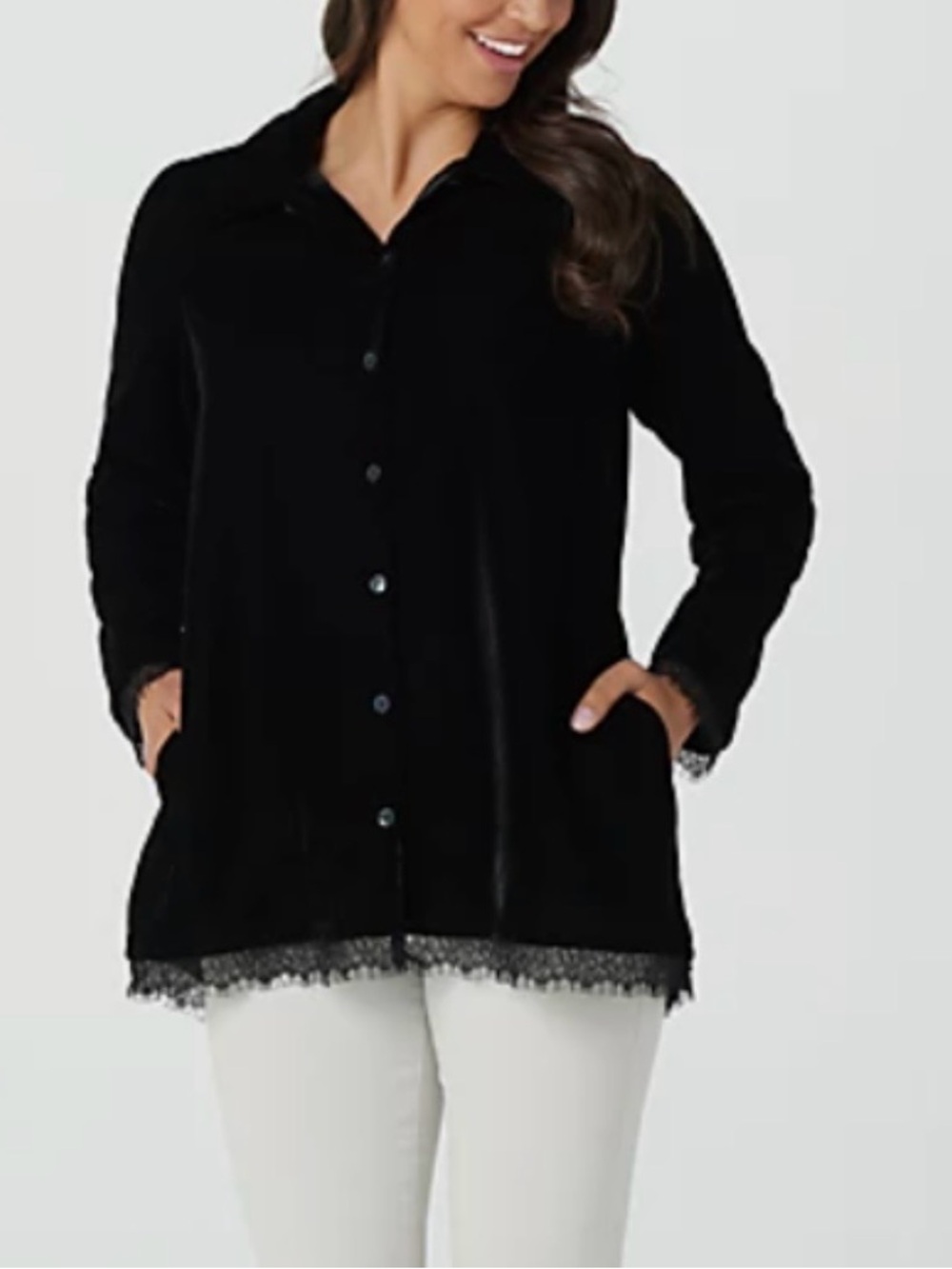 LOGO by Lori Goldstein - Velvet Button- Front Blouse with Lace Trim - Black - L